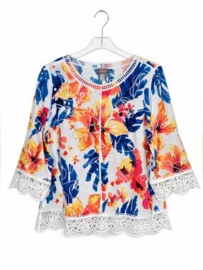 Chico's Feminine Colorful Boho Floral Lace Trim Embroidered Resort Wear Blouse